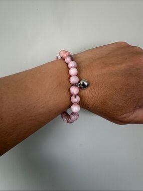 Pink Beaded Stretch Bracelet with Silver tone Heart Charm
